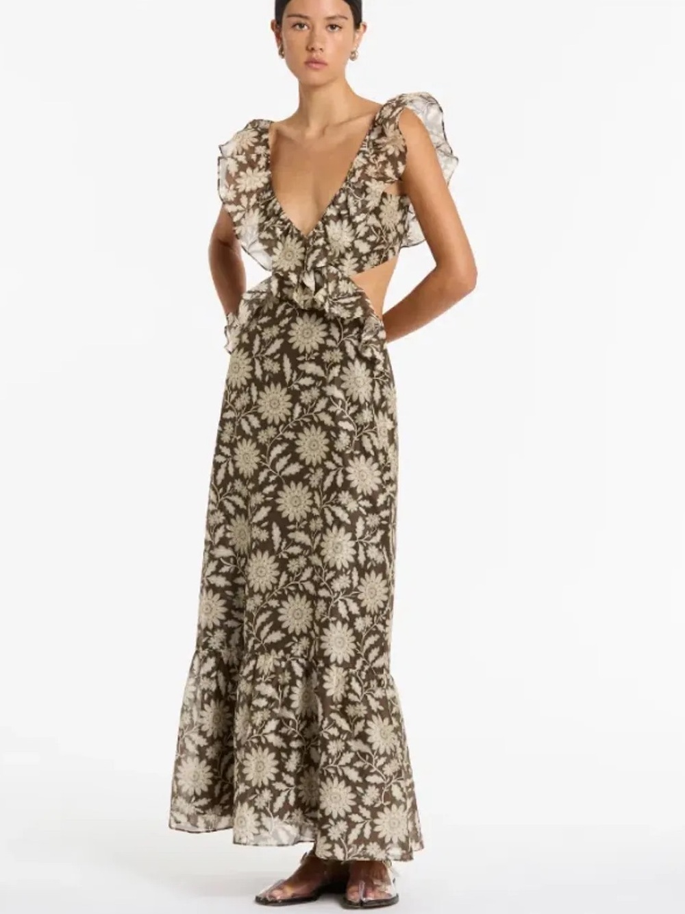 Sir. Floral Ruffle Maxi Dress in Olive and Cream